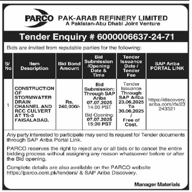 Pak-Arab Refinery Limited Tender Notice